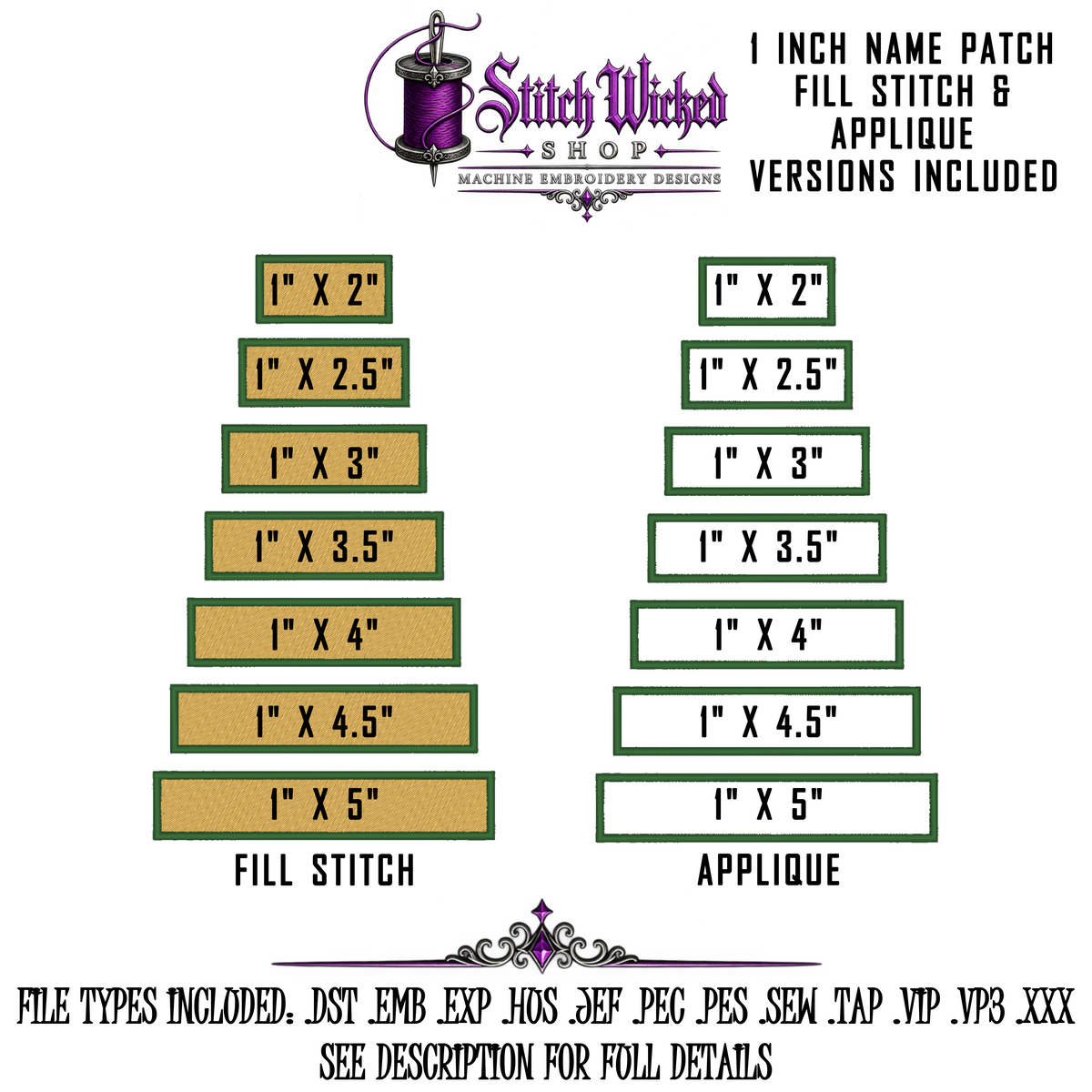 1 Inch Name Tag Embroidery Design Bundle, 7 Sizes