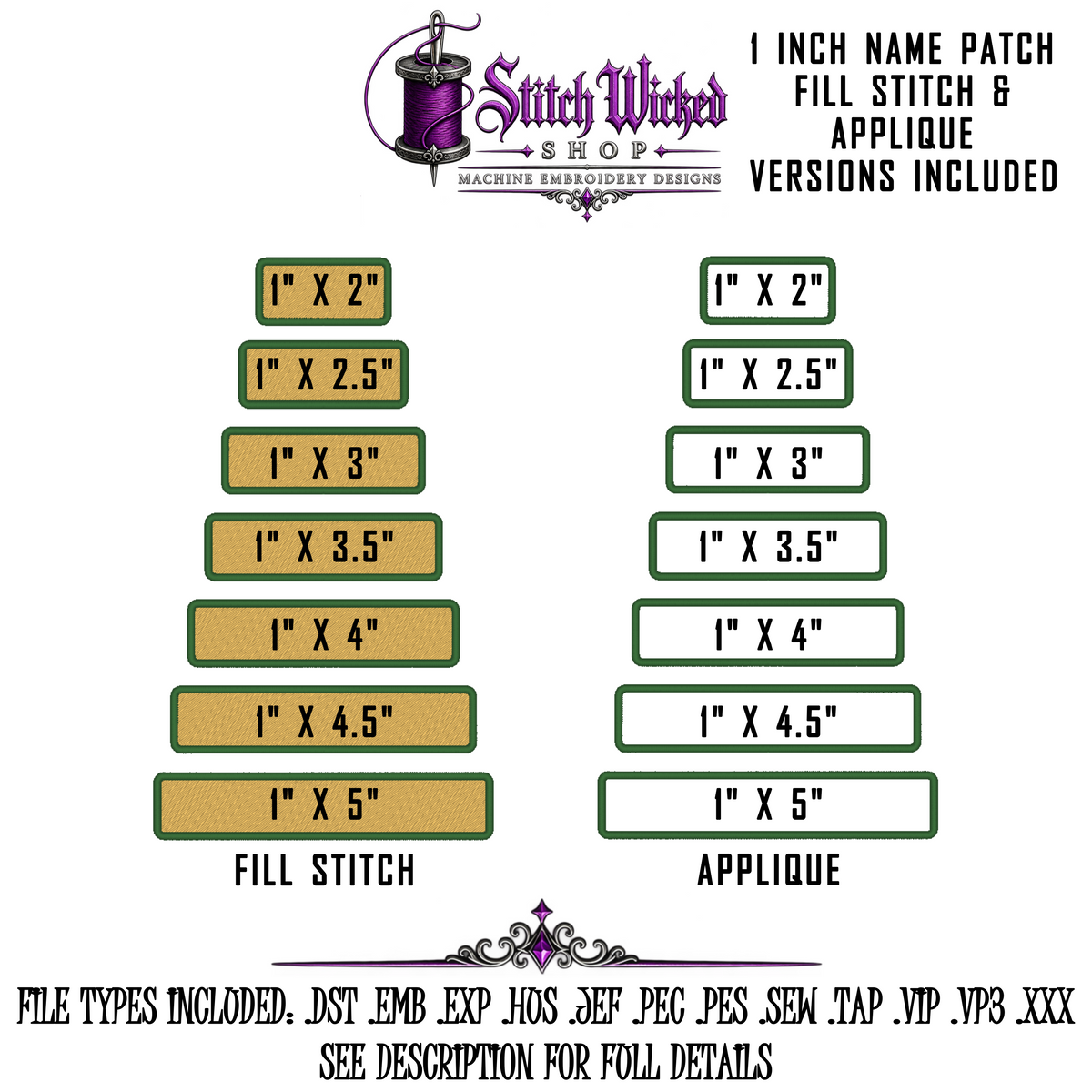 1 Inch Name Tag Embroidery Design Bundle, 7 Sizes