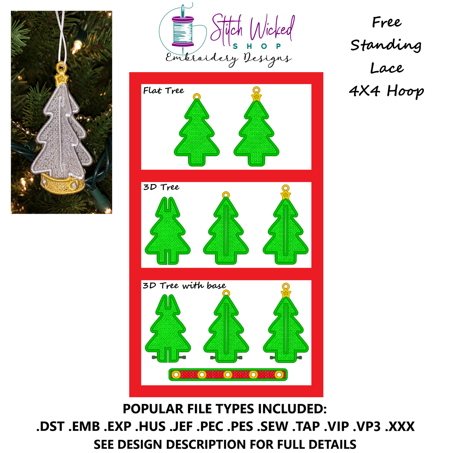 Free Standing Lace Christmas Tree Ornament Embroidery Design, 3D FSL Christmas Tree Ornament Decoration