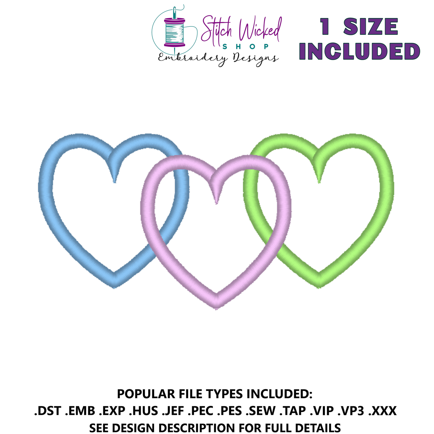 Satin Stitch Hearts Machine Embroidery Design Stacked Hearts