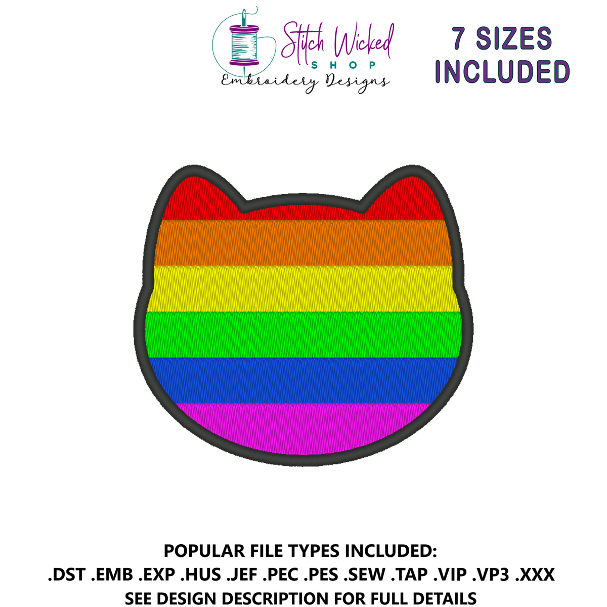 Rainbow Purride Flag Embroidery Design, Cat Pride Flag Patch, 7 Sizes Included