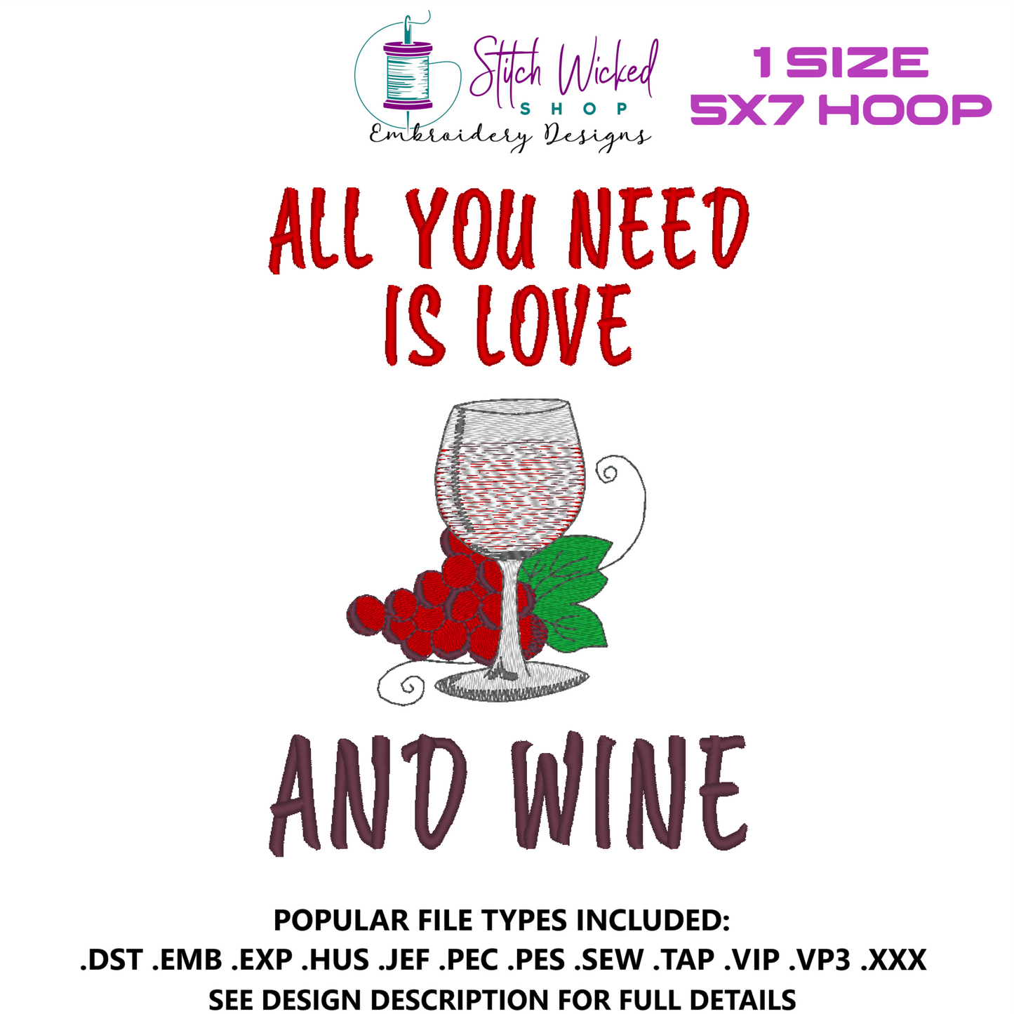 All You Need Is Love And Wine Funny Kitchen Towel Embroidery Design, 5 X 7 Hoop