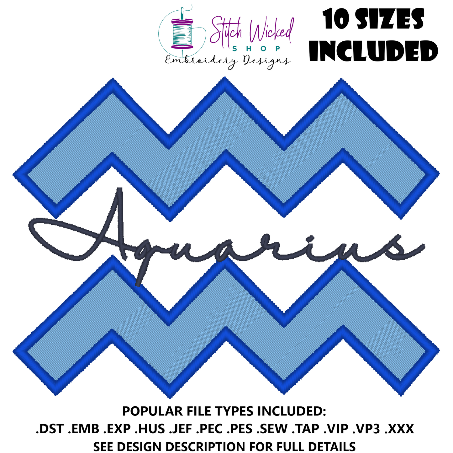 Aquarius Zodiac Embroidery Design, Astrology Script Design