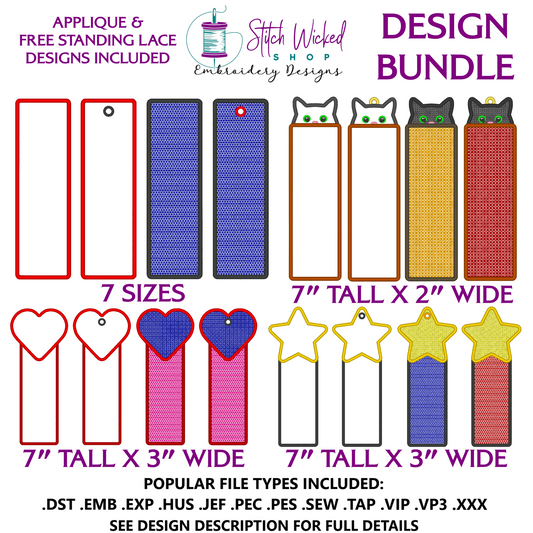 Bookmark Embroidery Design Bundle, Applique and Free Standing Lace Designs Included