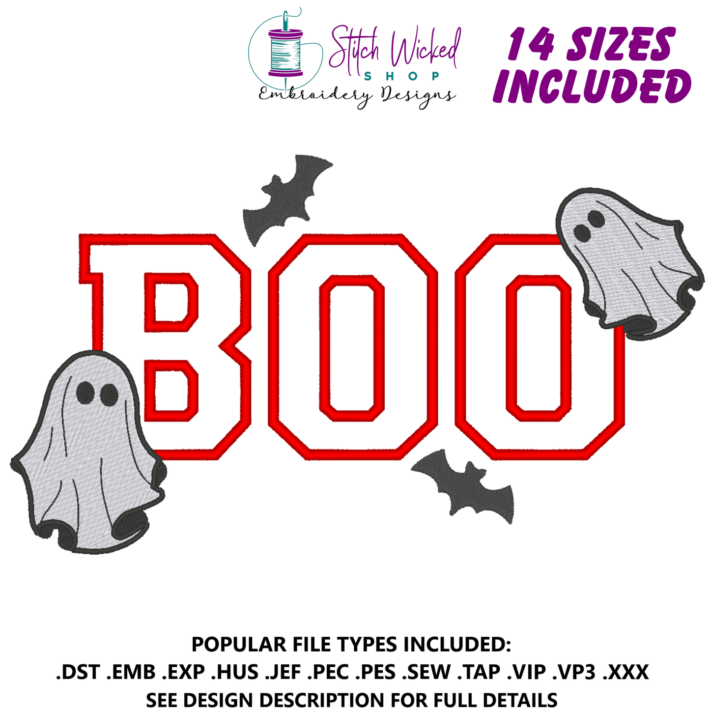 Boo Applique Halloween Embroidery Design With Ghosts And Bats