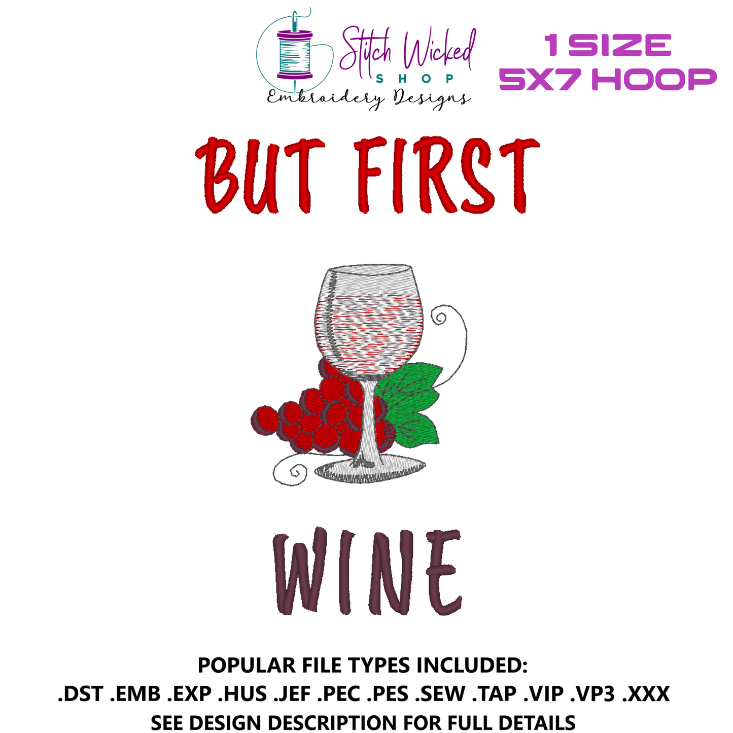 But First Wine Funny Kitchen Towel Embroidery Design, 5 X 7 Hoop