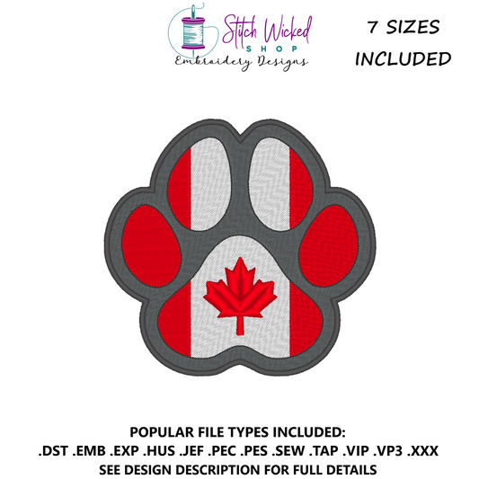 Canada Flag Maple Leaf Puppy Dog Paw Print Machine Embroidery Design