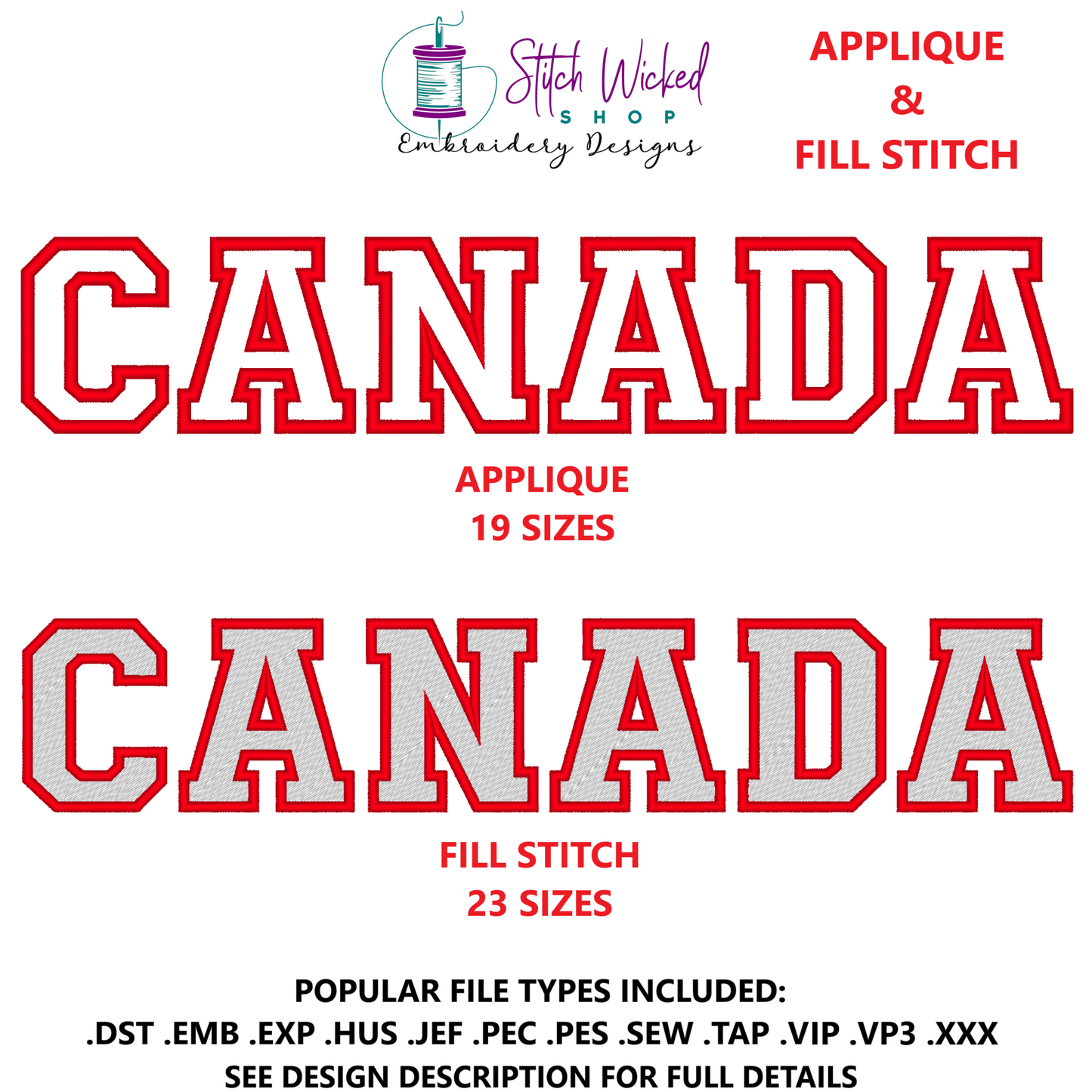 Canada Varsity Font Applique And Fill Stitch Embroidery Design Bundle, 2 Designs Included
