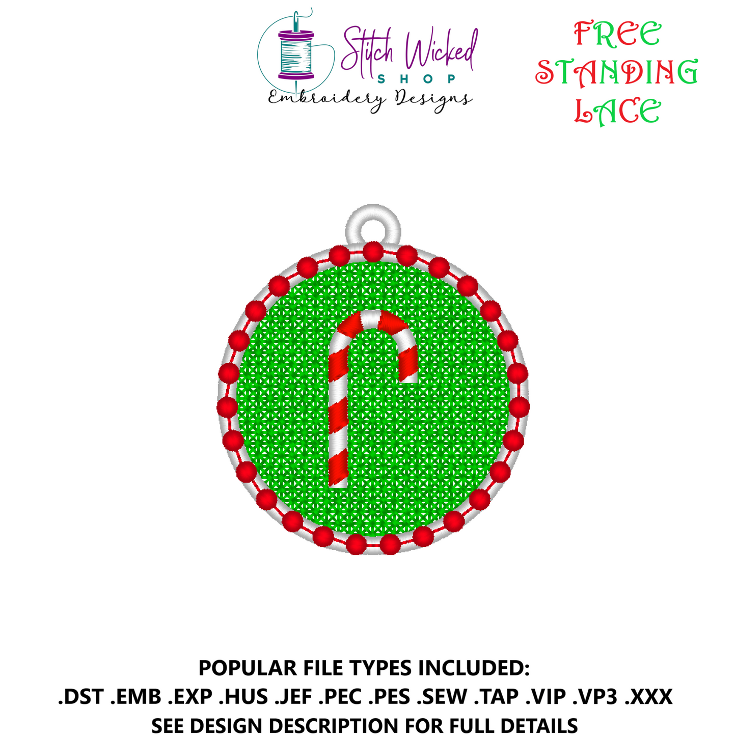 Free Standing Lace Circle Ornament Machine Embroidery Design, Candy Cane