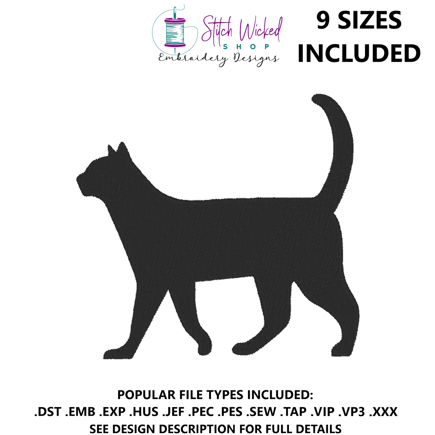 Black Cat Embroidery Design, Cat Walking Silhouette