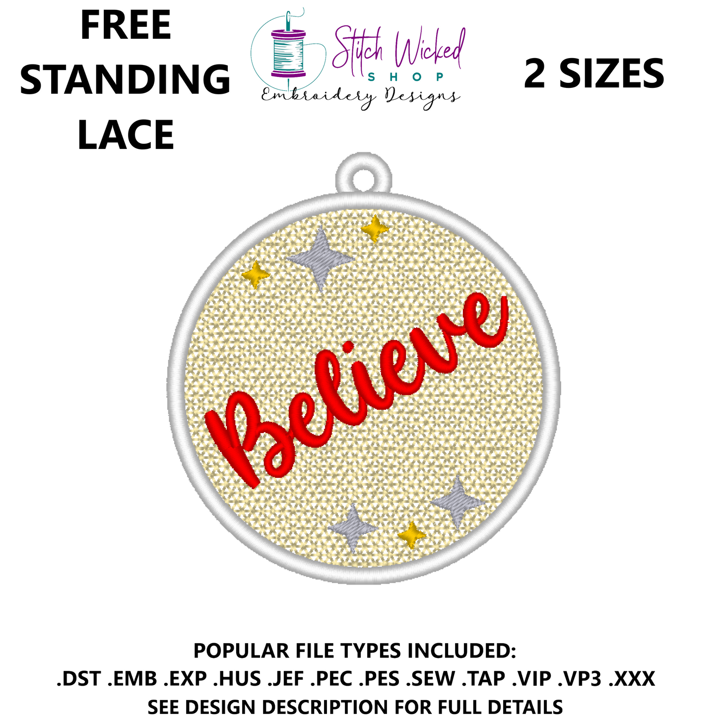 Free Standing Lace Christmas Ball Ornament Machine Embroidery Design, FSL Believe Decoration