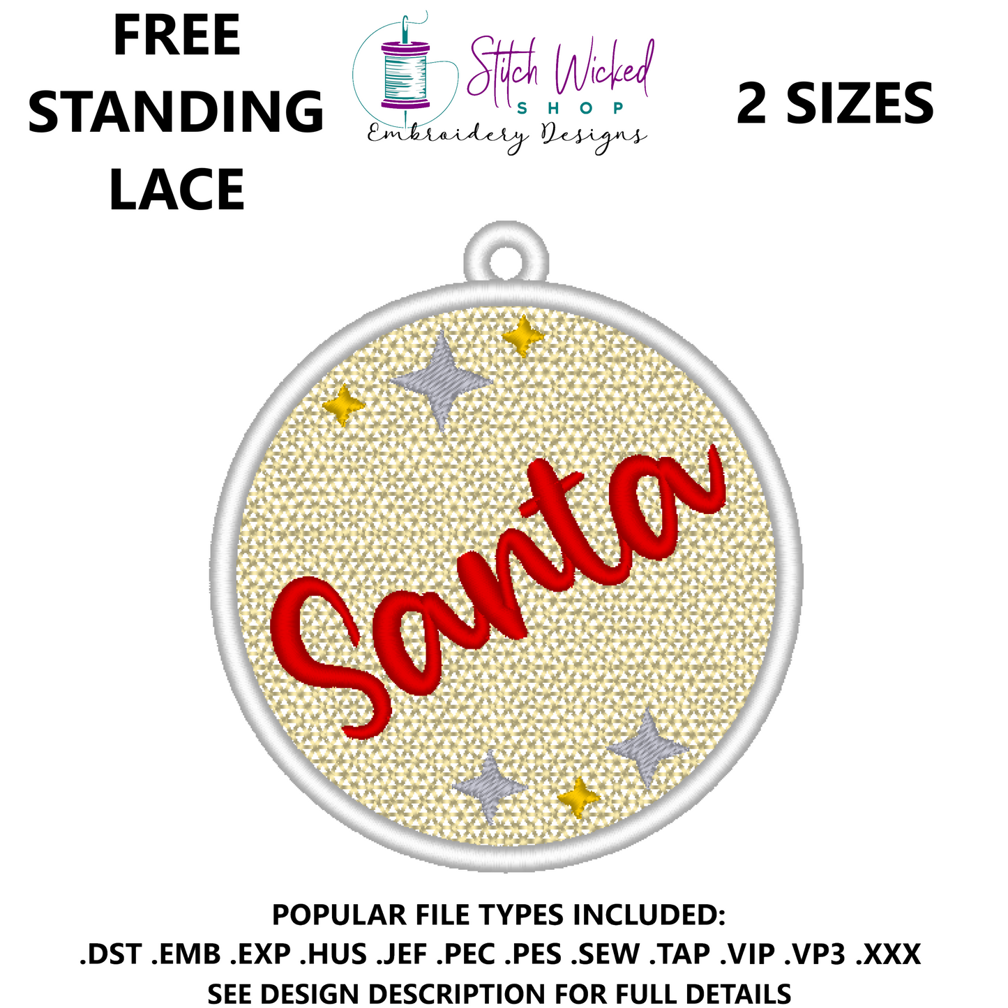 Free Standing Lace Christmas Ball Ornament Machine Embroidery Design, FSL Santa Decoration
