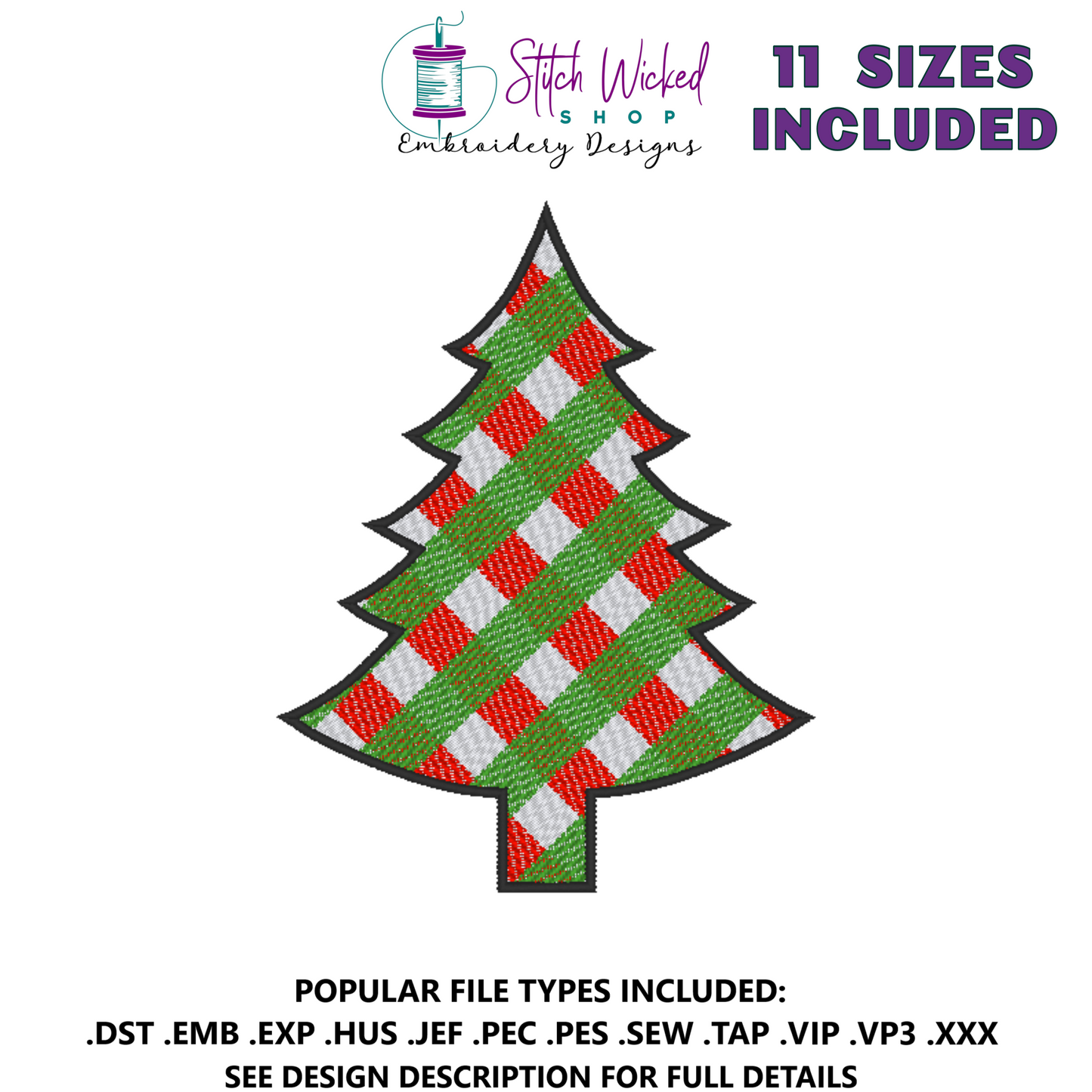 Christmas Tree Machine Embroidery Design, Three Color Diagonal Plaid - Stitch Wicked Shop