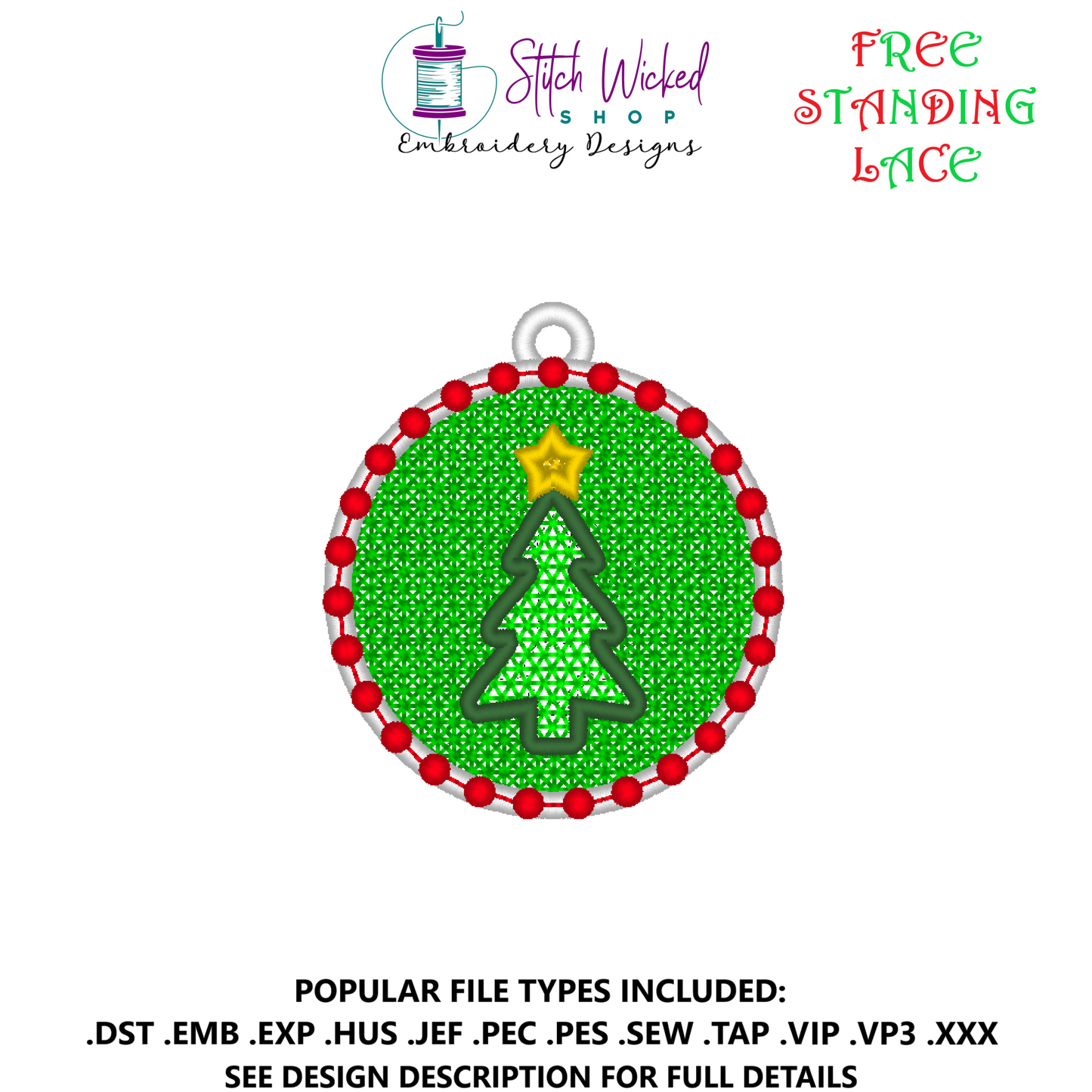 Free Standing Lace Circle Ornament Machine Embroidery Design, Christmas Tree With Star