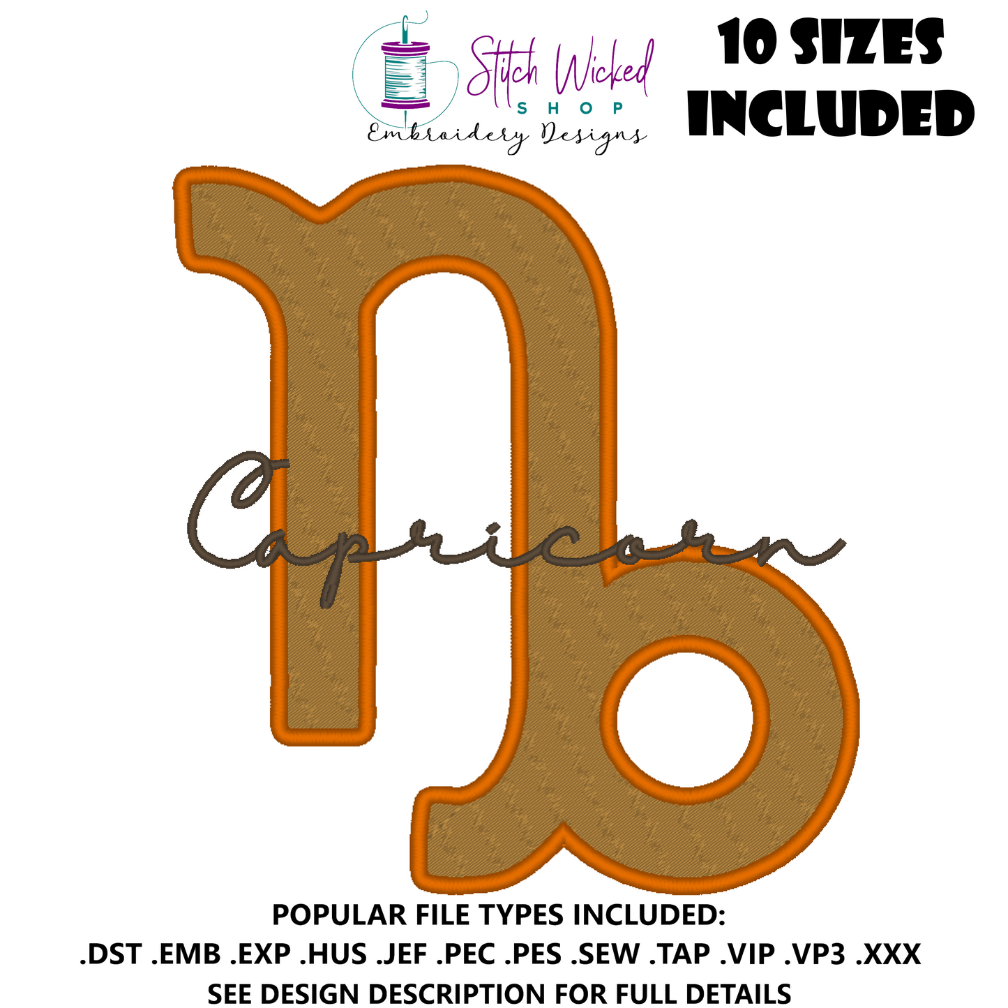Capricorn Zodiac Embroidery Design, Astrology Script Design