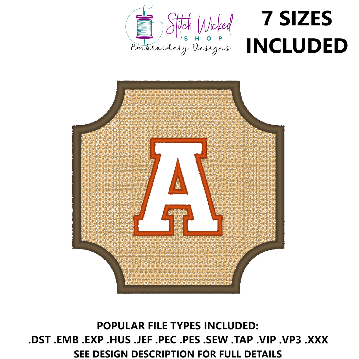 Embossed Varsity Letter Monogram Embroidery Design, Letter A