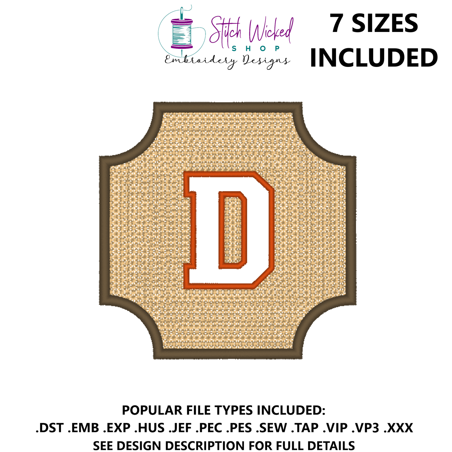 Embossed Varsity Letter Monogram Embroidery Design, Letter D