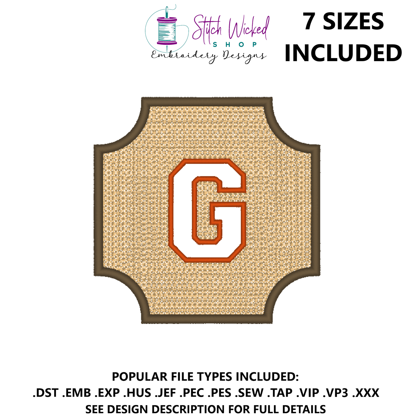 Embossed Varsity Letter Monogram Embroidery Design, Letter G
