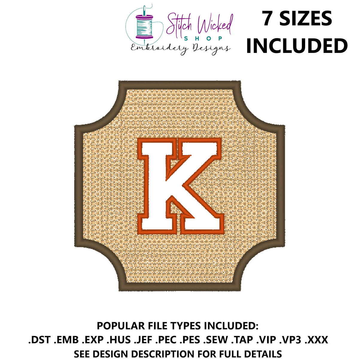Embossed Varsity Letter Monogram Embroidery Design, Letter K