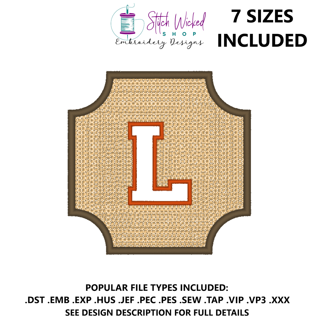 Embossed Varsity Letter Monogram Embroidery Design, Letter L
