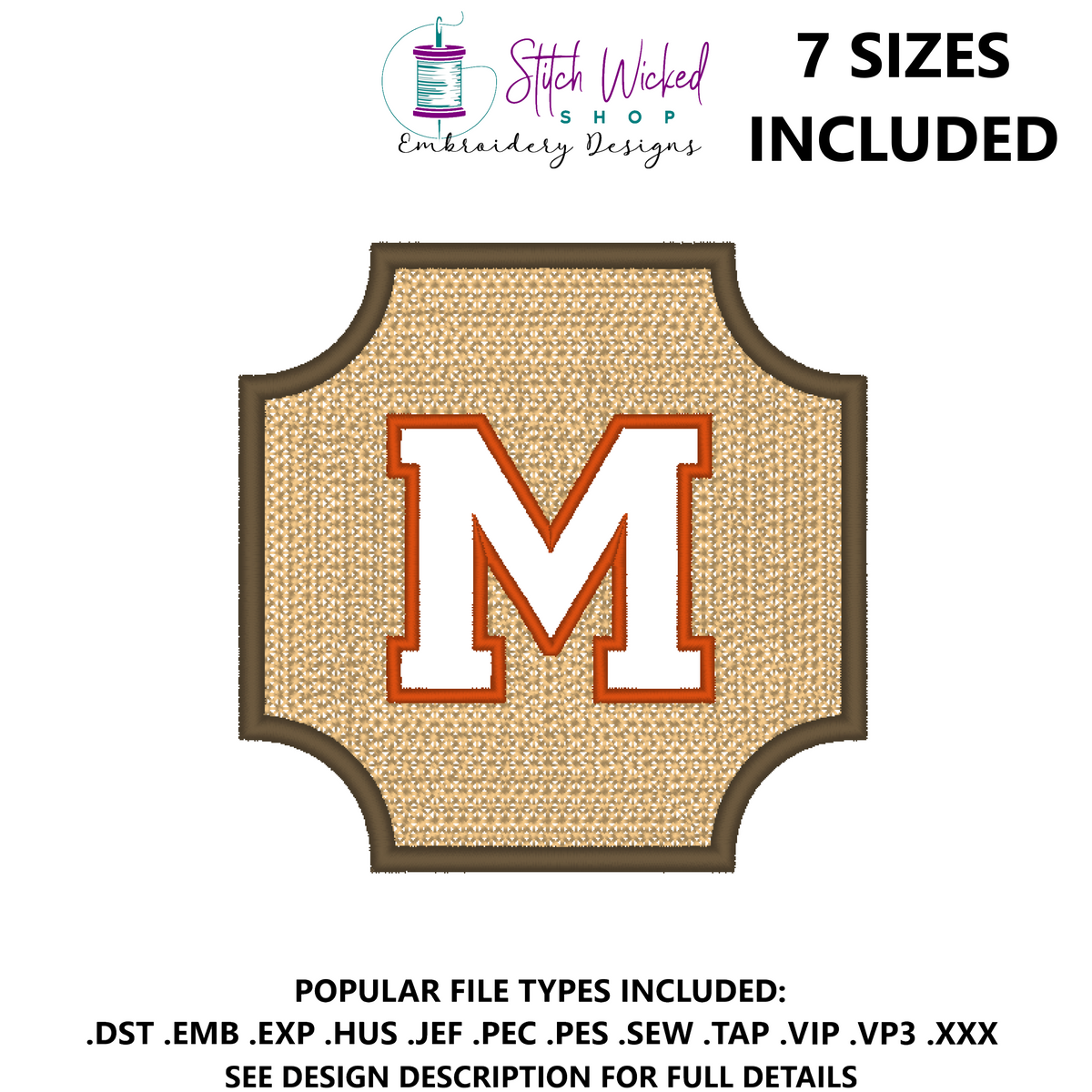 Embossed Varsity Letter Monogram Embroidery Design, Letter M