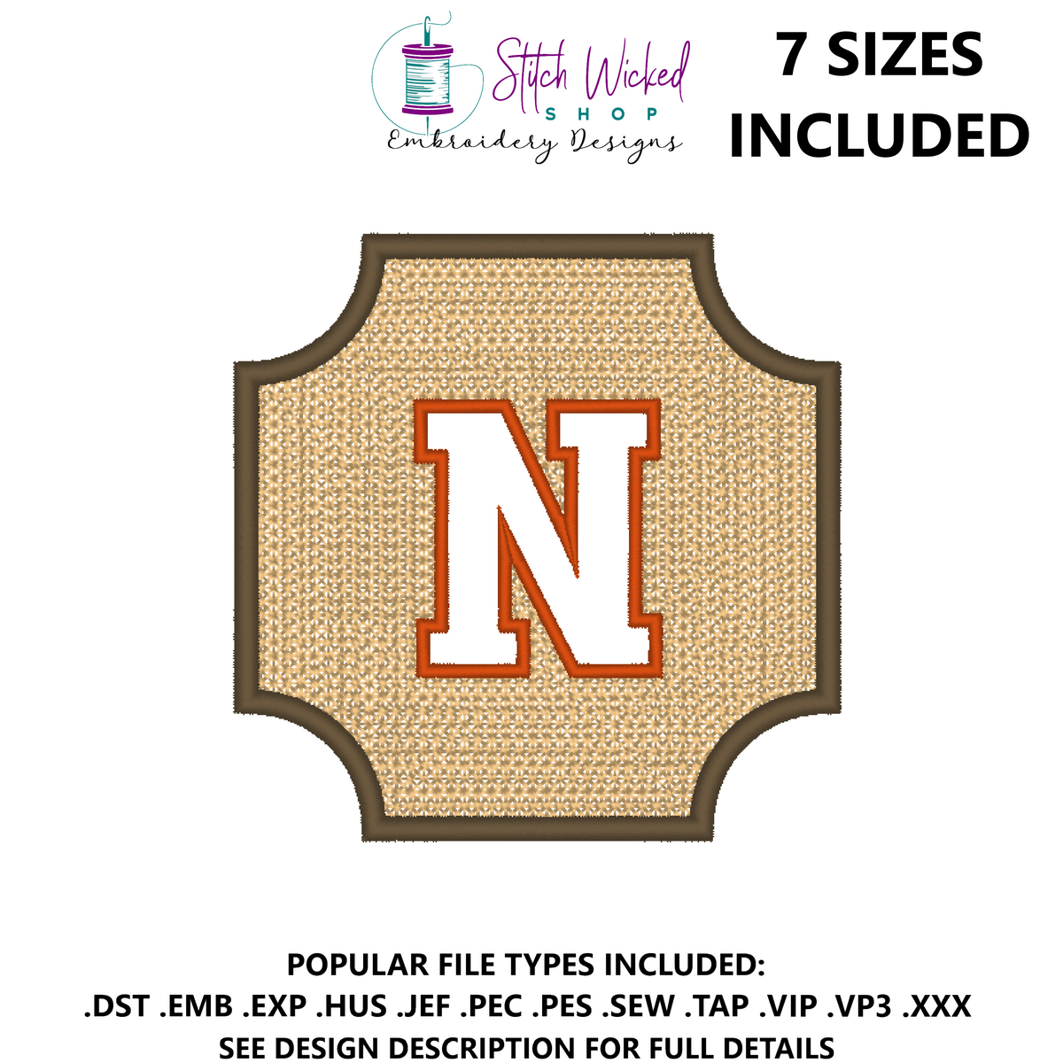 Embossed Varsity Letter Monogram Embroidery Design, Letter N
