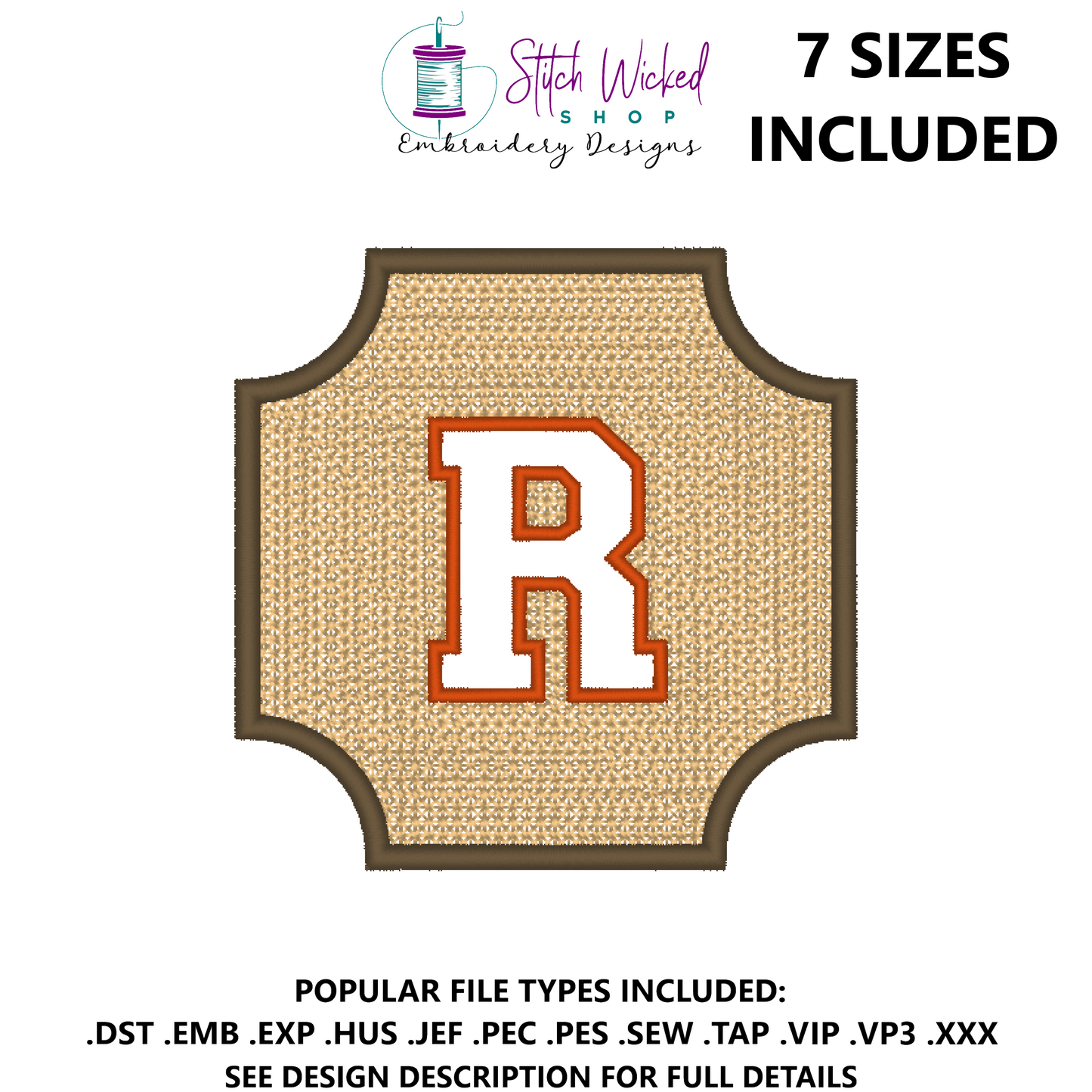 Embossed Varsity Letter Monogram Embroidery Design, Letter R