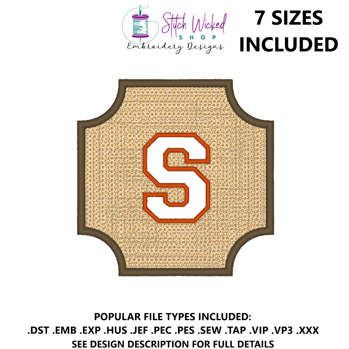 Embossed Varsity Letter Monogram Embroidery Design, Letter S