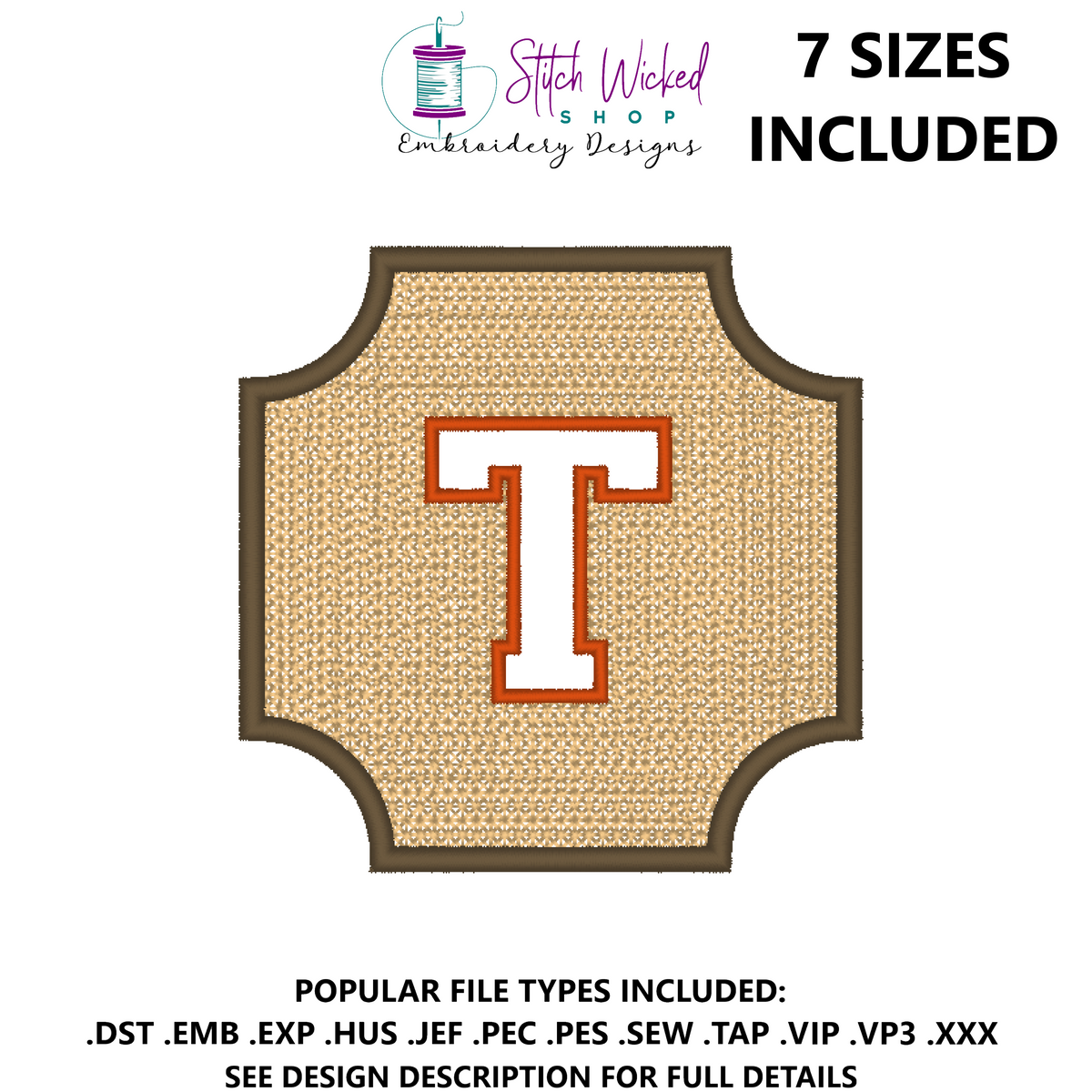 Embossed Varsity Letter Monogram Embroidery Design, Letter T