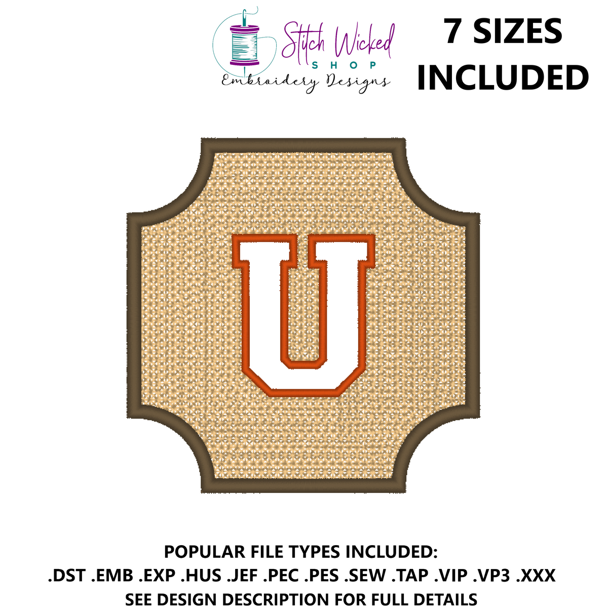 Embossed Varsity Letter Monogram Embroidery Design, Letter U - Stitch Wicked Shop