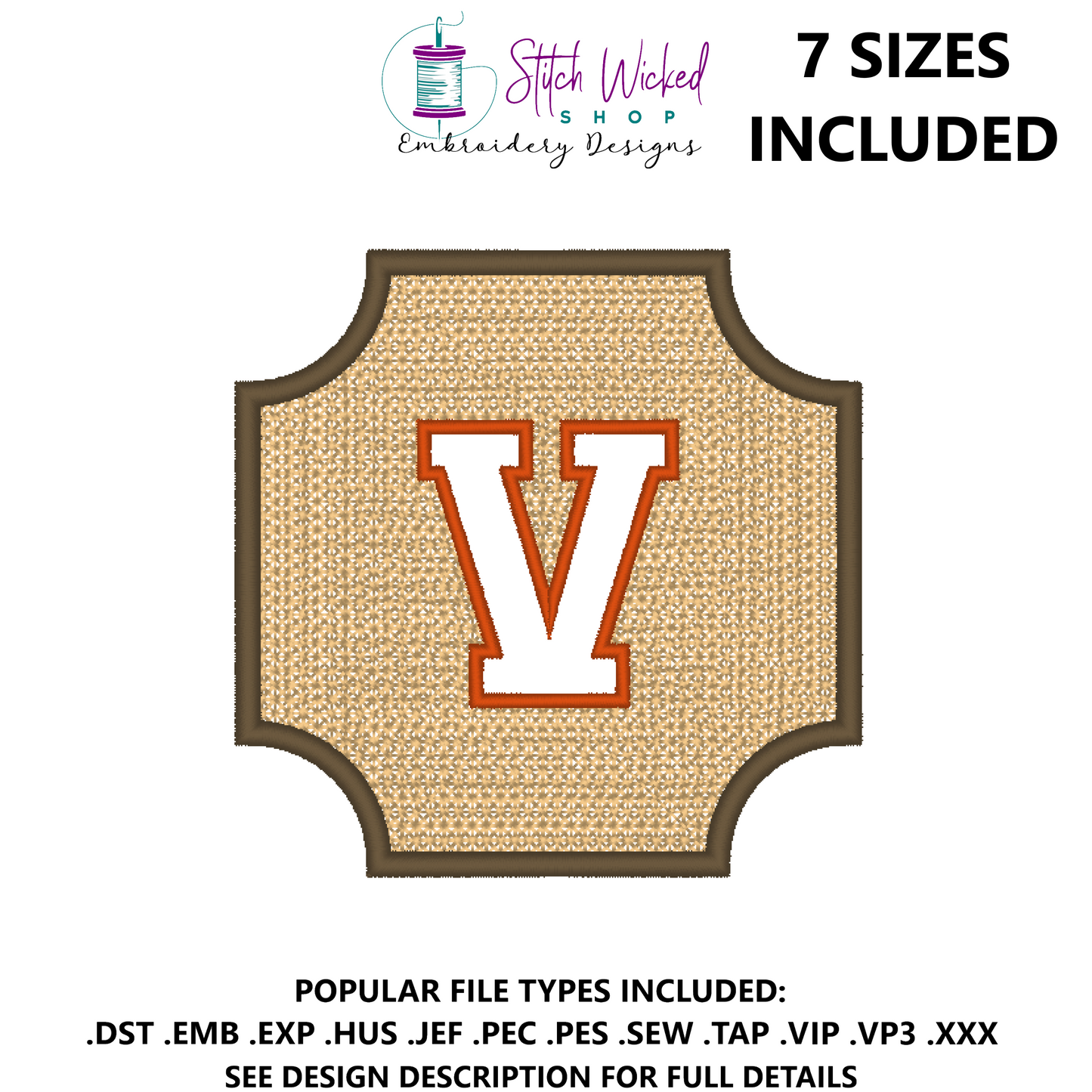 Embossed Varsity Letter Monogram Embroidery Design, Letter V