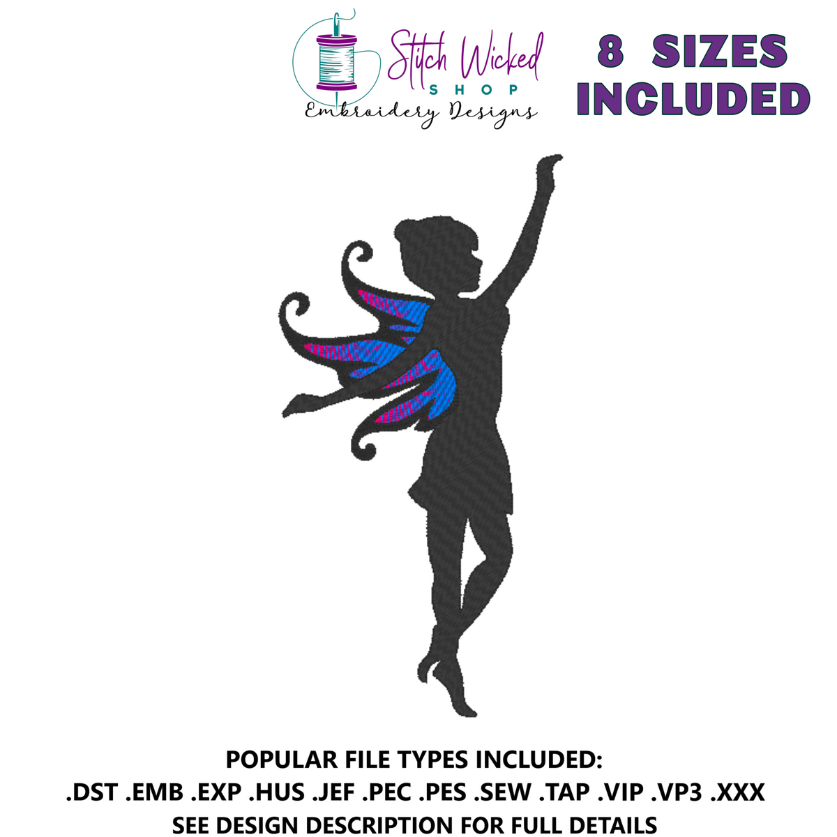 Fairy Silhouette Machine Embroidery Design, Fairy 1 - Stitch Wicked Shop