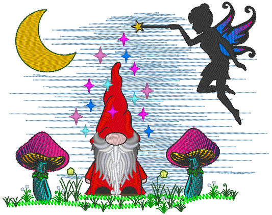 Fairy With Gnome Machine Embroidery Design, Fantasy Embroidery