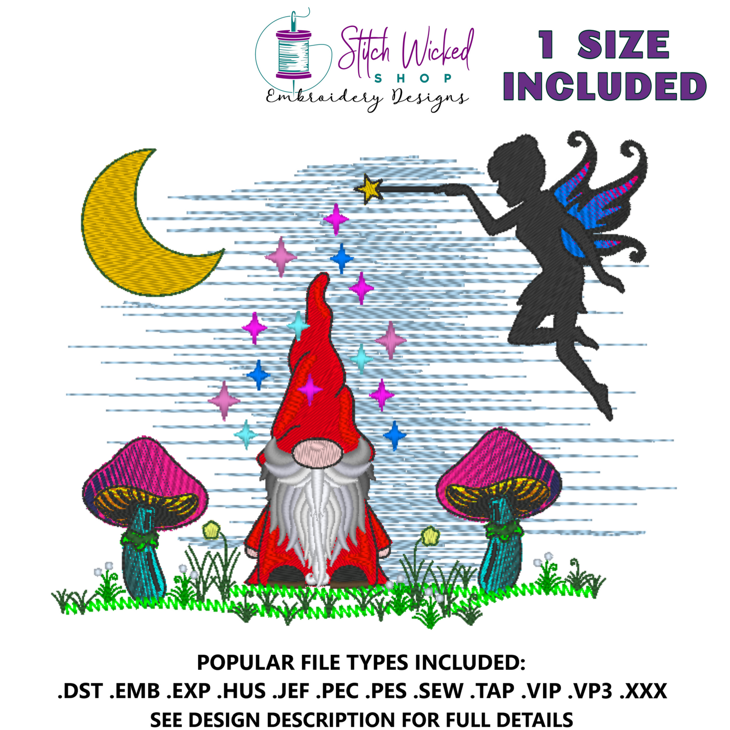 Fairy With Gnome Machine Embroidery Design, Fantasy Embroidery