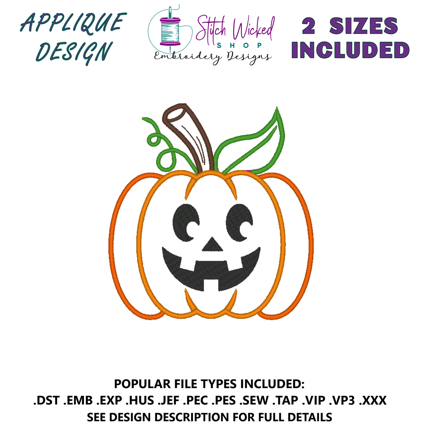 Pumpkin Jack O Lantern Halloween Applique Embroidery Design, (Face 1) - Stitch Wicked Shop