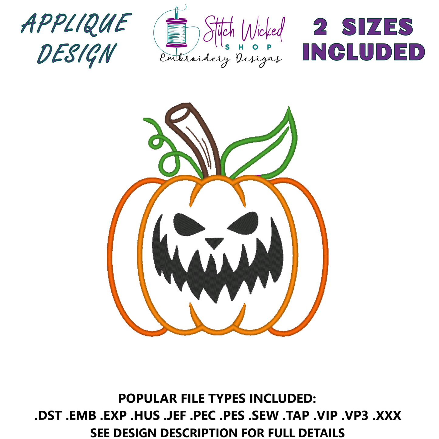 Pumpkin Jack O Lantern Halloween Applique Embroidery Design, (Face 10) - Stitch Wicked Shop