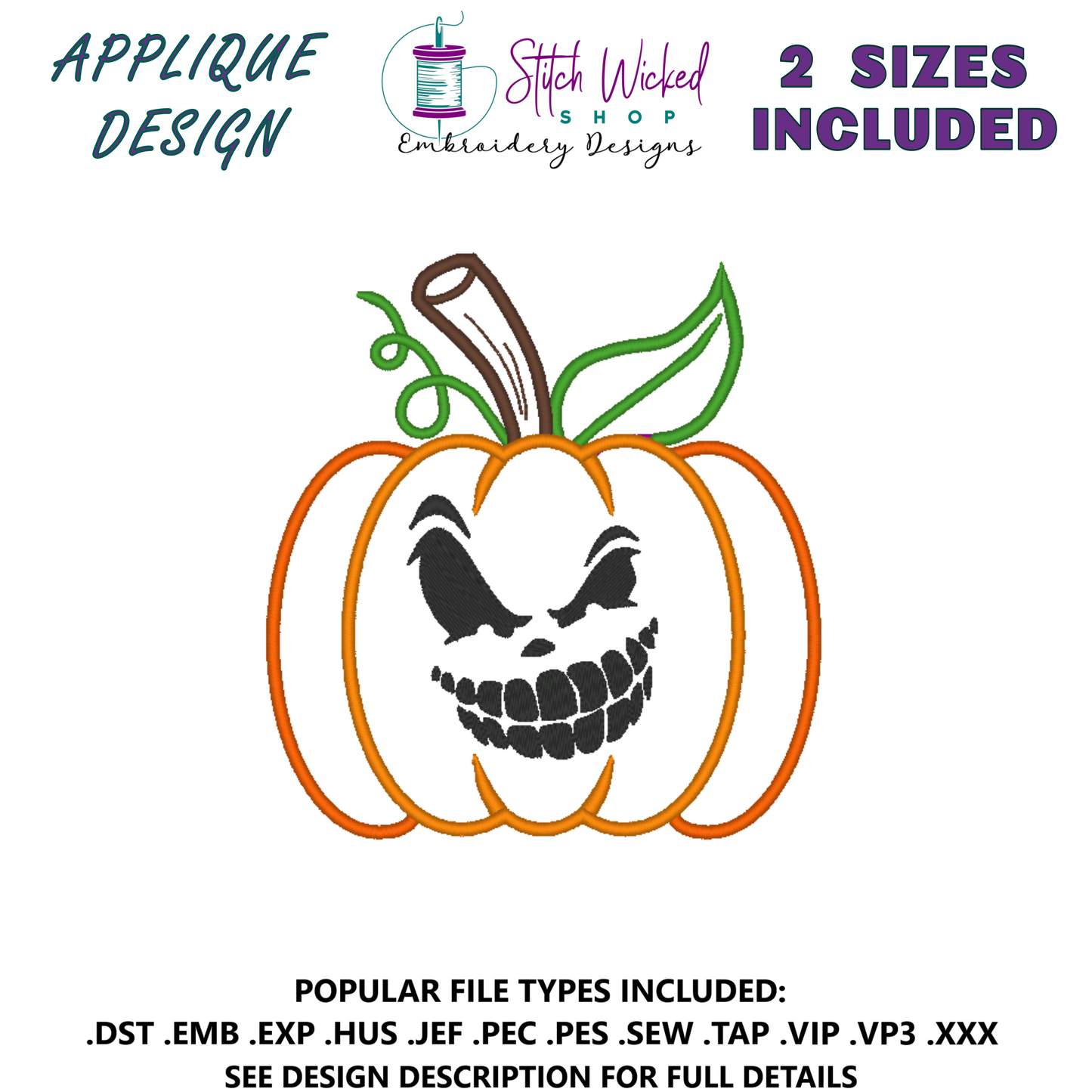 Pumpkin Jack O Lantern Halloween Applique Embroidery Design, (Face 4) - Stitch Wicked Shop