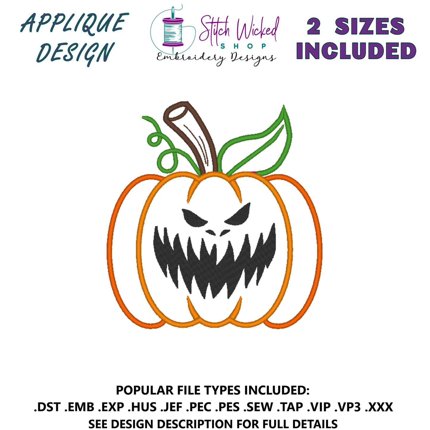 Pumpkin Jack O Lantern Halloween Applique Embroidery Design, (Face 6) - Stitch Wicked Shop