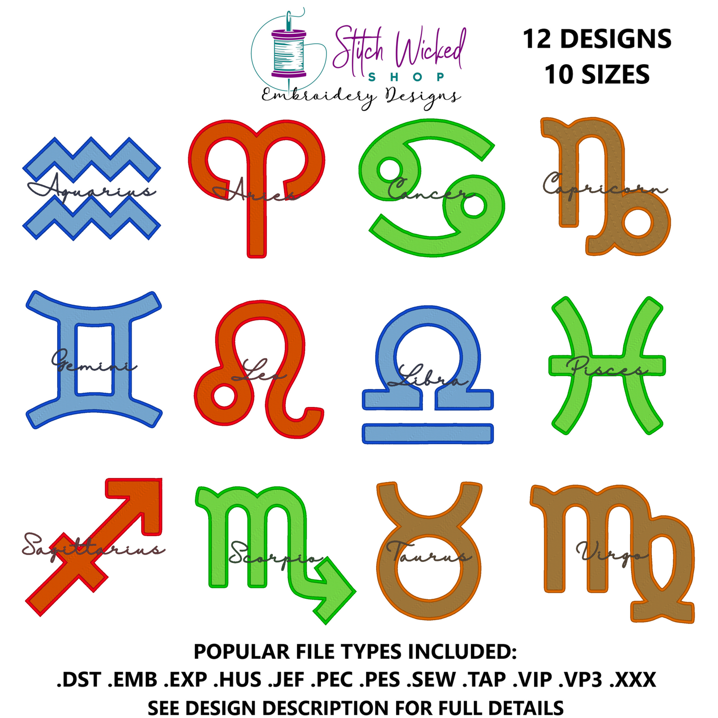 Zodiac Symbol Embroidery Design Bundle, Astrology Script Designs