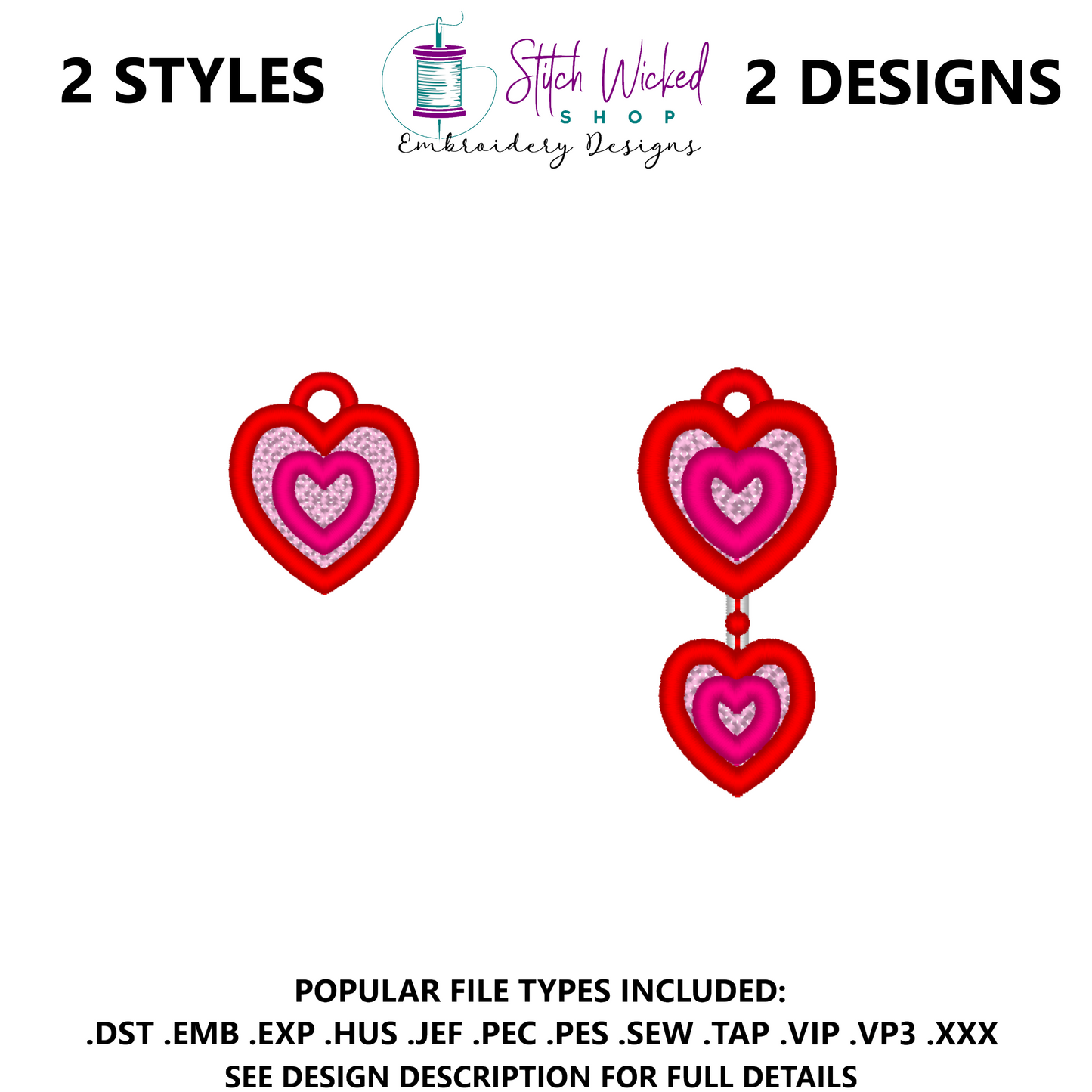 Free Standing Lace Earrings Embroidery Design, FSL Double Hearts Earrings