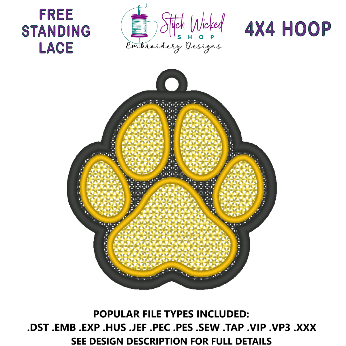 Free Standing Lace Paw Print Ornament Embroidery Design
