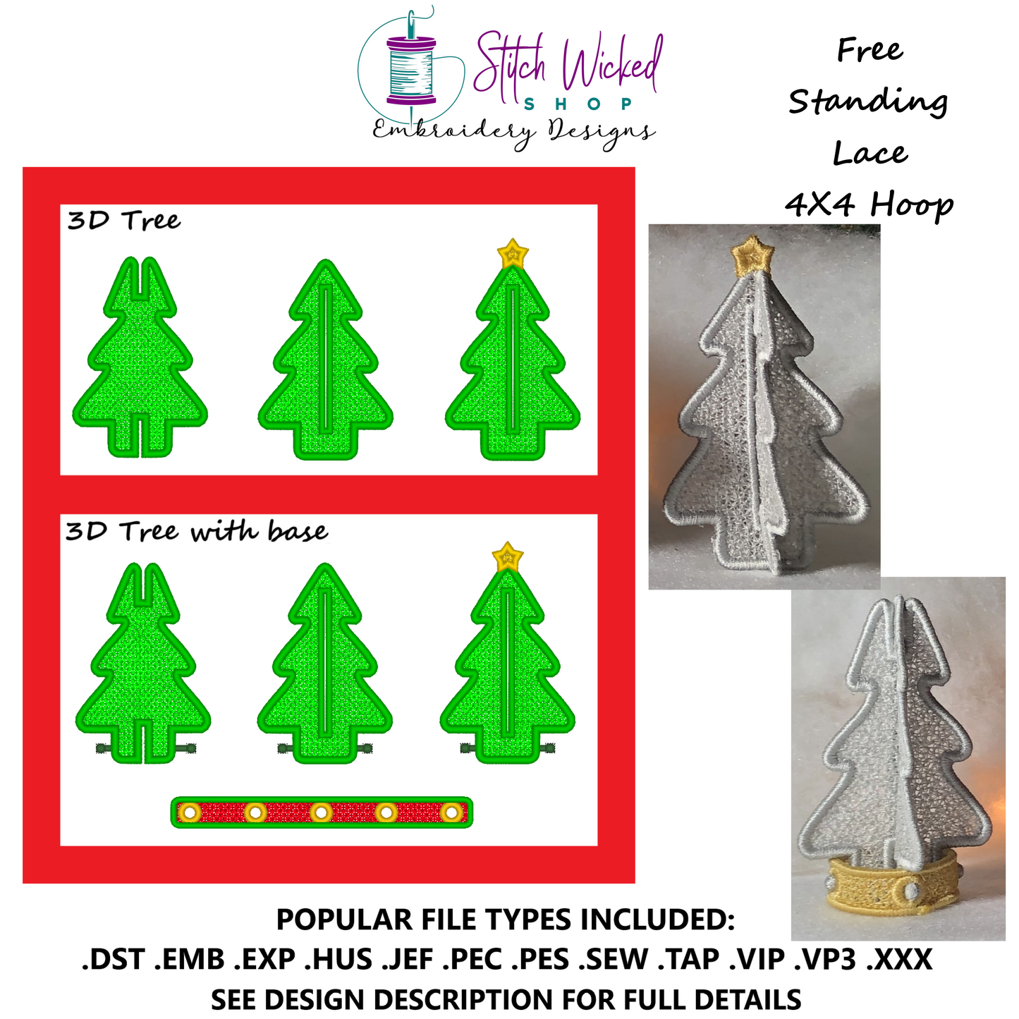Free Standing Lace Winter Village Christmas Tree Machine Embroidery Designs, 3D FSL Christmas Village Tree, 4X4 Hoop