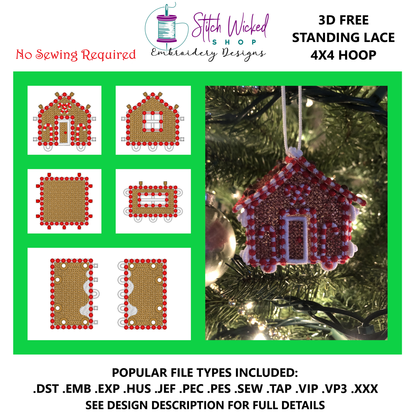 Free Standing Lace Gingerbread House Decoration, FSL Candy Cane Gingerbread House, 4X4 Hoop