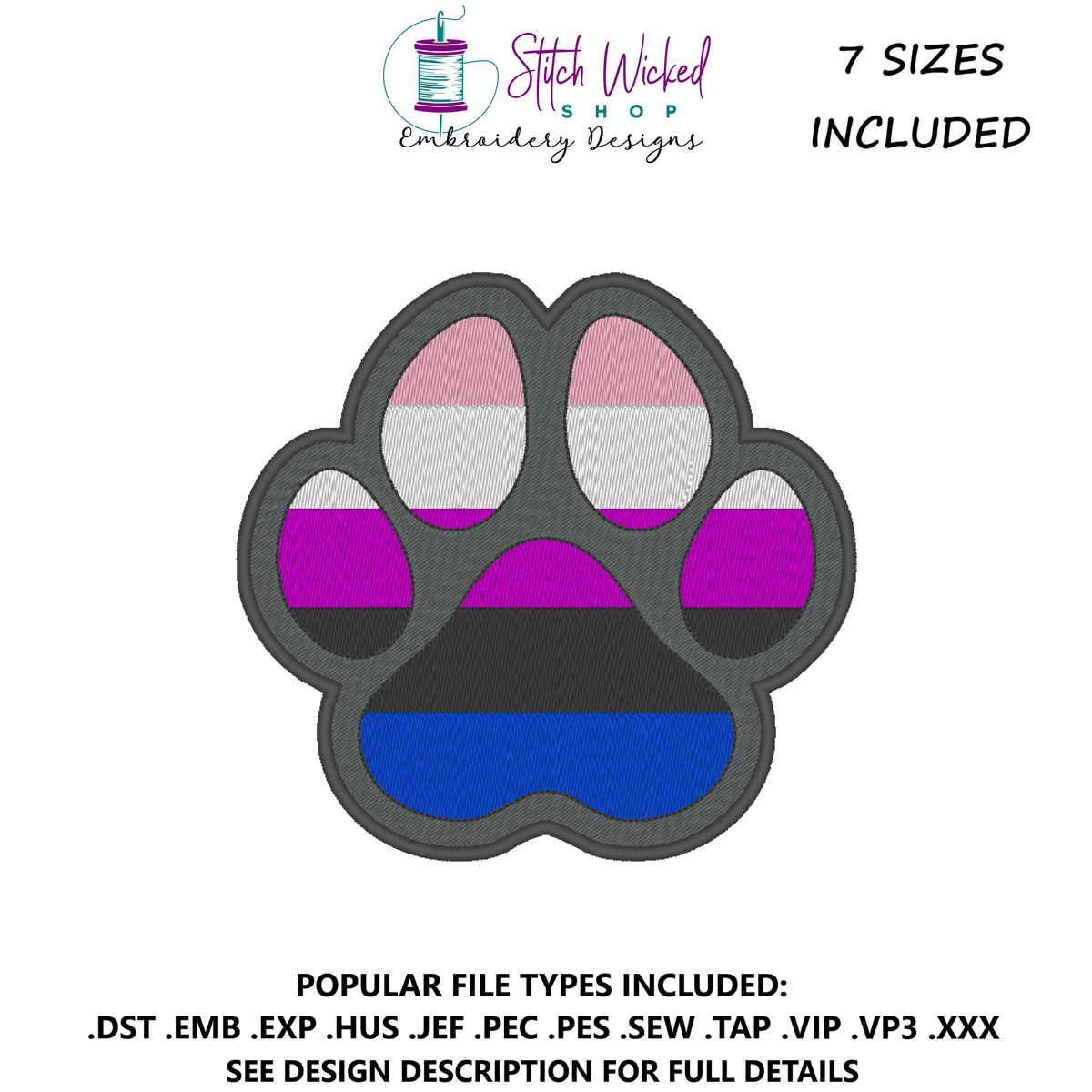 Genderfluid Pride Flag Puppy Dog Paw Print Machine Embroidery Design