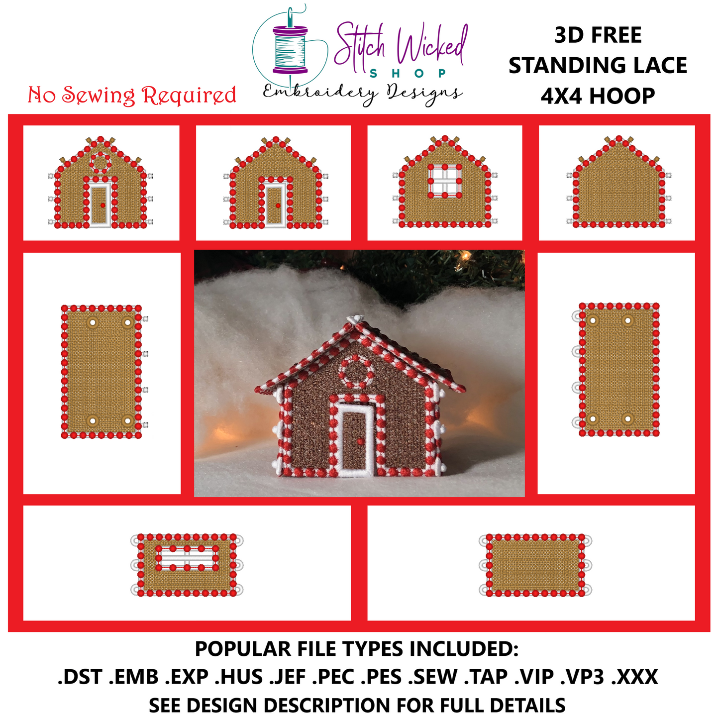 Free Standing Lace 3D Gingerbread House Machine Embroidery Designs, 4X4 Christmas Village Cottage