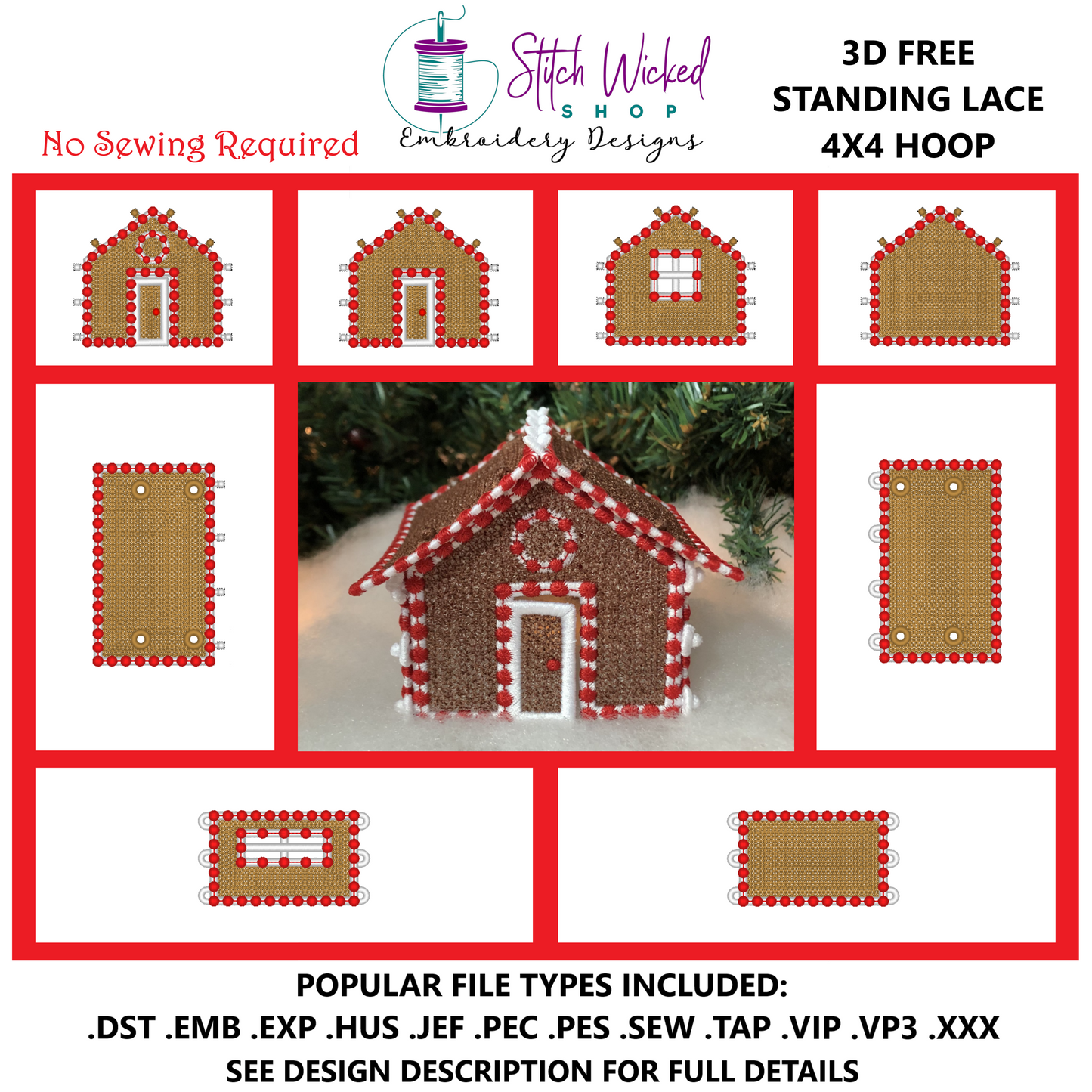 Free Standing Lace 3D Gingerbread House Machine Embroidery Designs, 4X4 Christmas Village Cottage