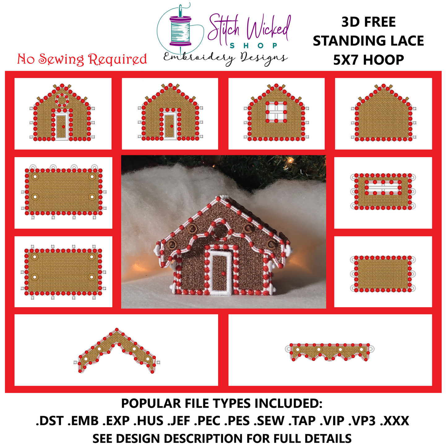 Free Standing Lace 3D Gingerbread House Machine Embroidery Designs, 5X7 Christmas Village Cottage