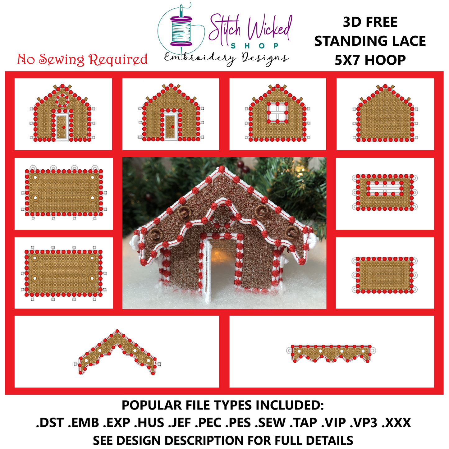 Free Standing Lace 3D Gingerbread House Machine Embroidery Designs, 5X7 Christmas Village Cottage