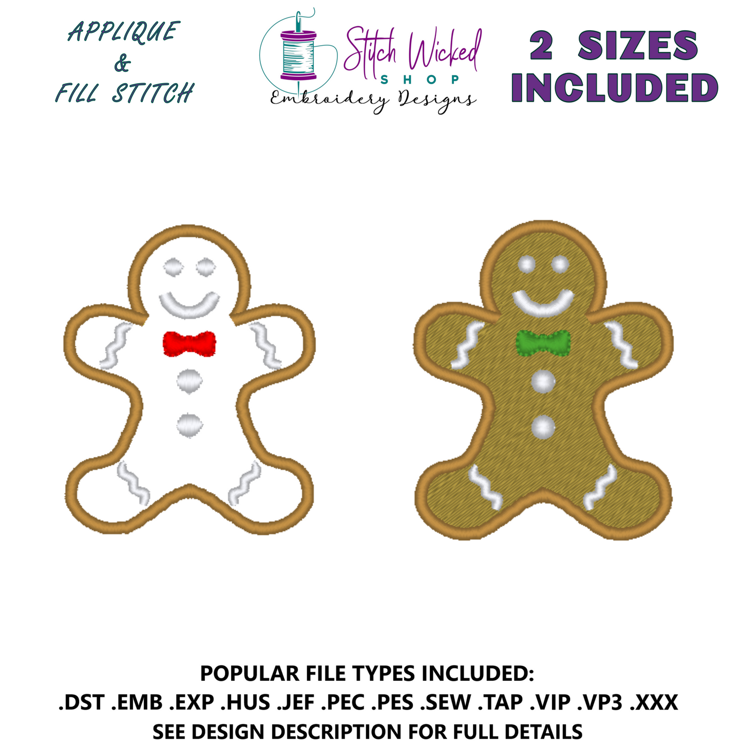 Gingerbread Man Machine Embroidery Design, Small Applique and Filled - Stitch Wicked Shop