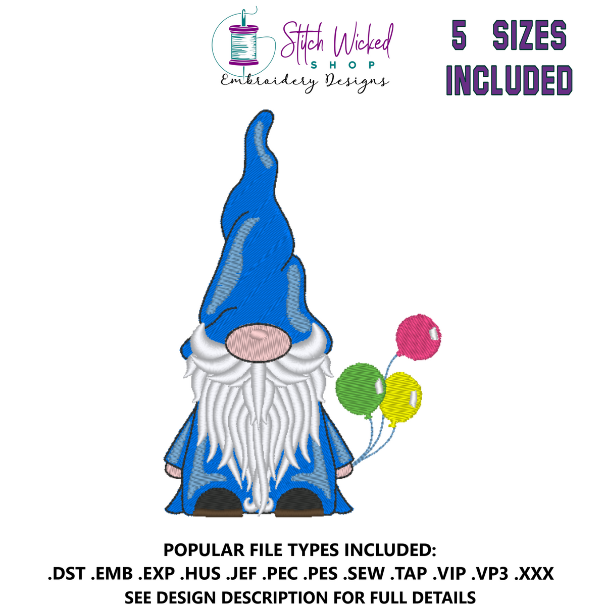 Gnome Machine Embroidery Design, Balloons Gnome - Stitch Wicked Shop
